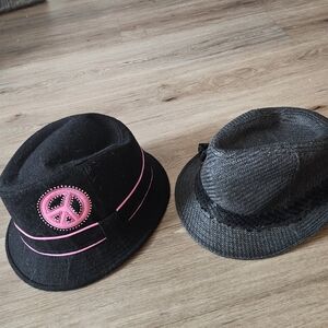 Black and Gray Fedora Hat Set with Pink Peace Sign And Black Hat Embelished